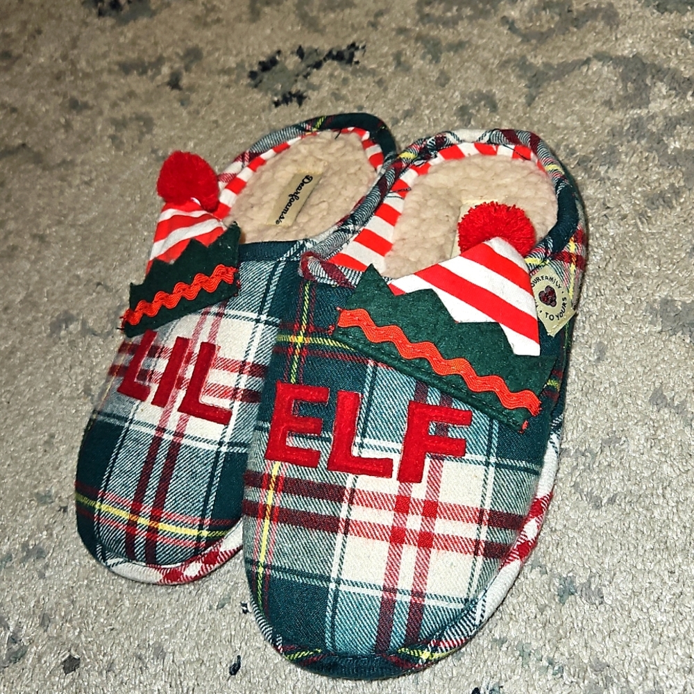 Dearfoams Boys green plaid Lil Elf  Christmas holiday slippers